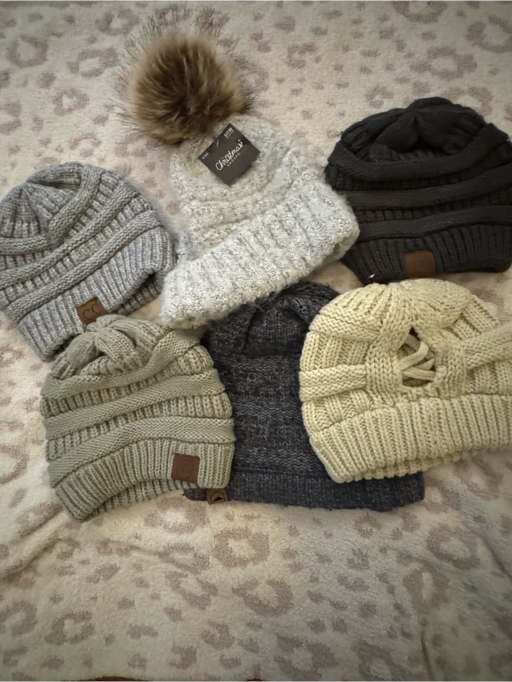Beanie Set - Knit Pom & Cable Winter Hats in Neutral Colors